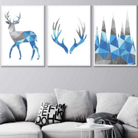 Set of 3 Geometric Bright Blue Grey Stags Set Wall Art Prints / 50x70cm / White Frame
