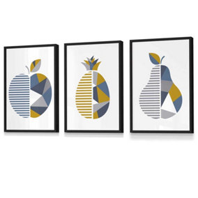 Set of 3 Geometric Fruit Apple Blue Yellow Wall Art Prints / 30x42cm (A3) / Black Frame