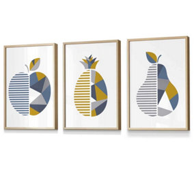 Set of 3 Geometric Fruit Apple Blue Yellow Wall Art Prints / 30x42cm (A3) / Oak Frame