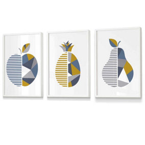Set of 3 Geometric Fruit Apple Blue Yellow Wall Art Prints / 30x42cm (A3) / White Frame