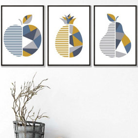 Set of 3 Geometric Fruit Apple Blue Yellow Wall Art Prints / 42x59cm (A2) / Black Frame