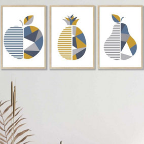 Set of 3 Geometric Fruit Apple Blue Yellow Wall Art Prints / 42x59cm (A2) / Oak Frame
