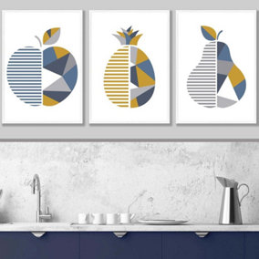 Set of 3 Geometric Fruit Apple Blue Yellow Wall Art Prints / 42x59cm (A2) / White Frame