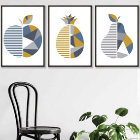 Set of 3 Geometric Fruit Apple Blue Yellow Wall Art Prints / 50x70cm / Black Frame