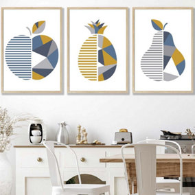 Set of 3 Geometric Fruit Apple Blue Yellow Wall Art Prints / 50x70cm / Oak Frame
