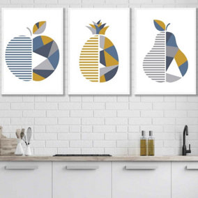 Set of 3 Geometric Fruit Apple Blue Yellow Wall Art Prints / 50x70cm / White Frame