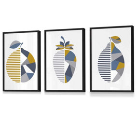 Set of 3 Geometric Fruit Strawberry Blue Yellow Wall Art Prints / 30x42cm (A3) / Black Frame