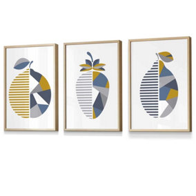 Set of 3 Geometric Fruit Strawberry Blue Yellow Wall Art Prints / 30x42cm (A3) / Oak Frame