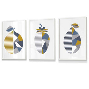Set of 3 Geometric Fruit Strawberry Blue Yellow Wall Art Prints / 30x42cm (A3) / White Frame