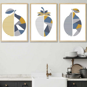 Set of 3 Geometric Fruit Strawberry Blue Yellow Wall Art Prints / 42x59cm (A2) / Oak Frame
