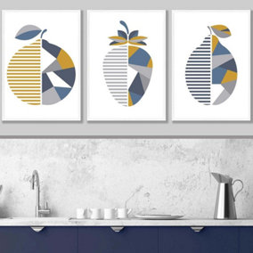 Set of 3 Geometric Fruit Strawberry Blue Yellow Wall Art Prints / 42x59cm (A2) / White Frame