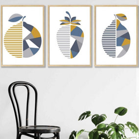 Set of 3 Geometric Fruit Strawberry Blue Yellow Wall Art Prints / 50x70cm / Oak Frame