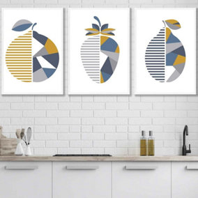 Set of 3 Geometric Fruit Strawberry Blue Yellow Wall Art Prints / 50x70cm / White Frame