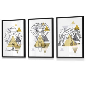 Set of 3 Geometric Line Art Yellow Elephant Tree Set Wall Art Prints / 30x42cm (A3) / Black Frame