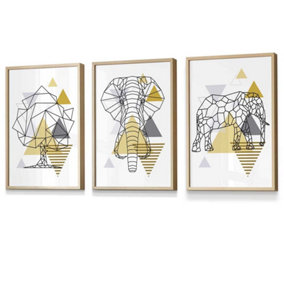 Set of 3 Geometric Line Art Yellow Elephant Tree Set Wall Art Prints / 30x42cm (A3) / Oak Frame