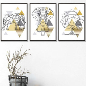 Set of 3 Geometric Line Art Yellow Elephant Tree Set Wall Art Prints / 42x59cm (A2) / Black Frame