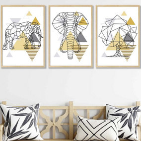 Set of 3 Geometric Line Art Yellow Elephant Tree Set Wall Art Prints / 42x59cm (A2) / Oak Frame
