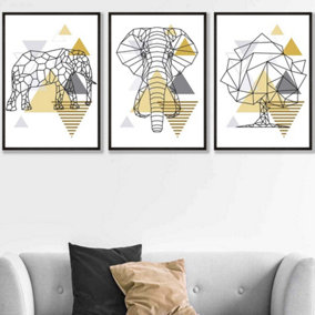 Set of 3 Geometric Line Art Yellow Elephant Tree Set Wall Art Prints / 50x70cm / Black Frame