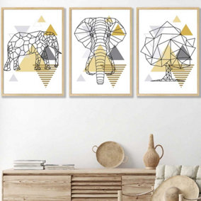 Set of 3 Geometric Line Art Yellow Elephant Tree Set Wall Art Prints / 50x70cm / Oak Frame
