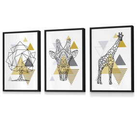 Set of 3 Geometric Line Art Yellow Giraffe Tree Set Wall Art Prints / 30x42cm (A3) / Black Frame