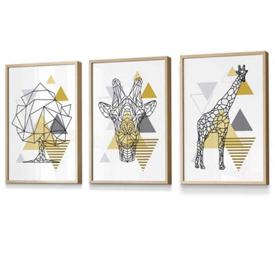 Set of 3 Geometric Line Art Yellow Giraffe Tree Set Wall Art Prints / 30x42cm (A3) / Oak Frame