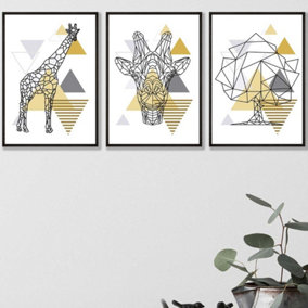 Set of 3 Geometric Line Art Yellow Giraffe Tree Set Wall Art Prints / 42x59cm (A2) / Black Frame