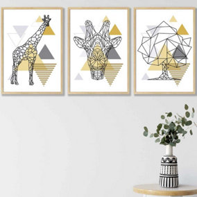 Set of 3 Geometric Line Art Yellow Giraffe Tree Set Wall Art Prints / 42x59cm (A2) / Oak Frame
