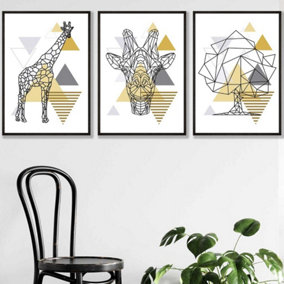 Set of 3 Geometric Line Art Yellow Giraffe Tree Set Wall Art Prints / 50x70cm / Black Frame