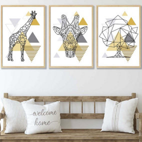 Set of 3 Geometric Line Art Yellow Giraffe Tree Set Wall Art Prints / 50x70cm / Oak Frame