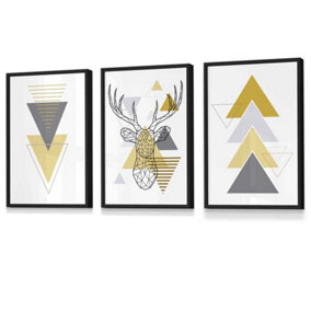 Set of 3 Geometric Line Art Yellow Stag Head Triangles Wall Art Prints / 30x42cm (A3) / Black Frame