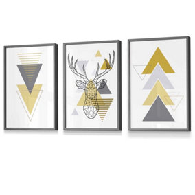 Set of 3 Geometric Line Art Yellow Stag Head Triangles Wall Art Prints / 30x42cm (A3) / Dark Grey Frame