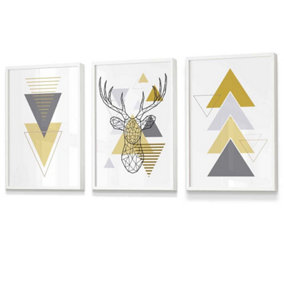 Set of 3 Geometric Line Art Yellow Stag Head Triangles Wall Art Prints / 30x42cm (A3) / White Frame