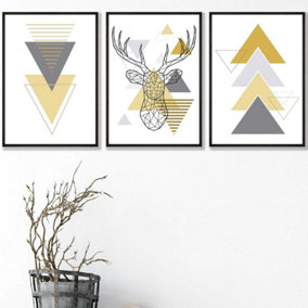 Set of 3 Geometric Line Art Yellow Stag Head Triangles Wall Art Prints / 42x59cm (A2) / Black Frame