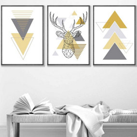 Set of 3 Geometric Line Art Yellow Stag Head Triangles Wall Art Prints / 42x59cm (A2) / Dark Grey Frame