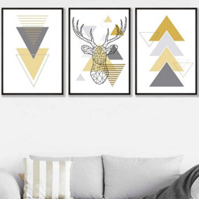 Set of 3 Geometric Line Art Yellow Stag Head Triangles Wall Art Prints / 50x70cm / Black Frame