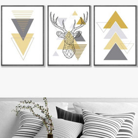 Set of 3 Geometric Line Art Yellow Stag Head Triangles Wall Art Prints / 50x70cm / Dark Grey Frame