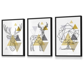 Set of 3 Geometric Line Art Yellow Stags Tree Set Wall Art Prints / 30x42cm (A3) / Black Frame