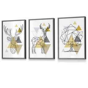 Set of 3 Geometric Line Art Yellow Stags Tree Set Wall Art Prints / 30x42cm (A3) / Dark Grey Frame