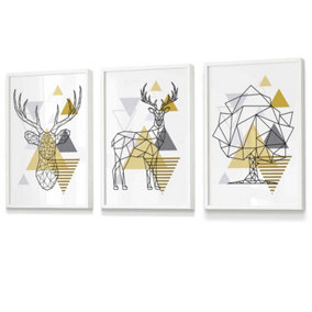 Set of 3 Geometric Line Art Yellow Stags Tree Set Wall Art Prints / 30x42cm (A3) / White Frame