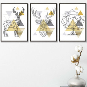 Set of 3 Geometric Line Art Yellow Stags Tree Set Wall Art Prints / 42x59cm (A2) / Black Frame