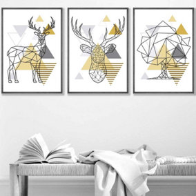 Set of 3 Geometric Line Art Yellow Stags Tree Set Wall Art Prints / 42x59cm (A2) / Dark Grey Frame