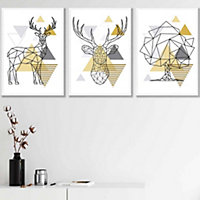 Set of 3 Geometric Line Art Yellow Stags Tree Set Wall Art Prints / 42x59cm (A2) / White Frame