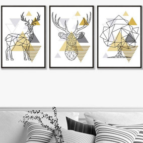 Set of 3 Geometric Line Art Yellow Stags Tree Set Wall Art Prints / 50x70cm / Black Frame