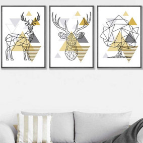 Set of 3 Geometric Line Art Yellow Stags Tree Set Wall Art Prints / 50x70cm / Dark Grey Frame