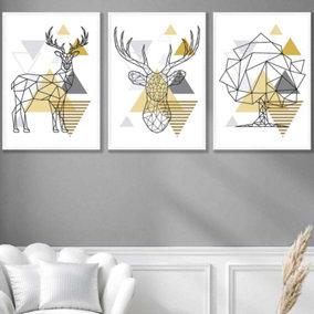 Set of 3 Geometric Line Art Yellow Stags Tree Set Wall Art Prints / 50x70cm / White Frame