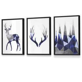 Set of 3 Geometric Navy Blue Grey Stags Set Wall Art Prints / 30x42cm (A3) / Black Frame