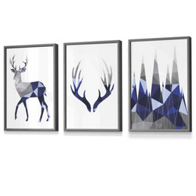 Set of 3 Geometric Navy Blue Grey Stags Set Wall Art Prints / 30x42cm (A3) / Dark Grey Frame