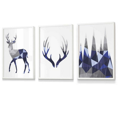 Set of 3 Geometric Navy Blue Grey Stags Set Wall Art Prints / 30x42cm ...
