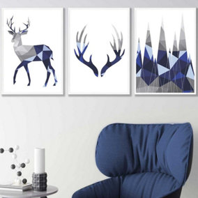 Set of 3 Geometric Navy Blue Grey Stags Set Wall Art Prints / 42x59cm (A2) / White Frame