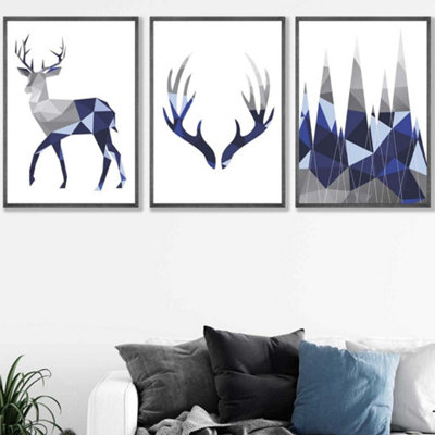 Set of 3 Geometric Navy Blue Grey Stags Set Wall Art Prints / 50x70cm ...